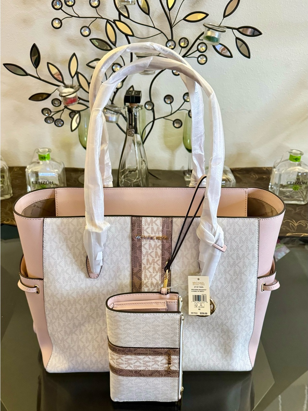 Michael Kors Pink and Brown Signature Tote with Matching Wristlet